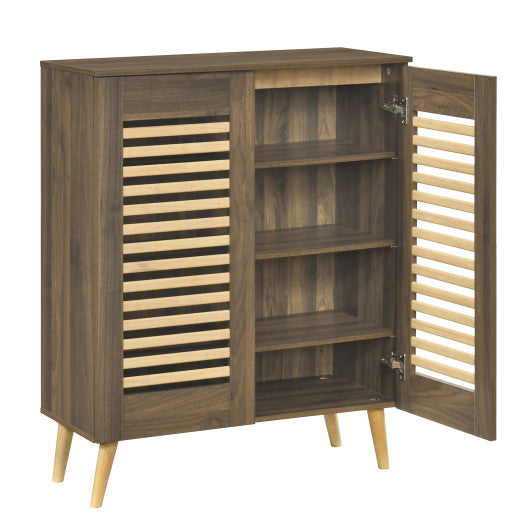Shoe Cabinet with Louvered Doors and Removable Shelves-Walnut