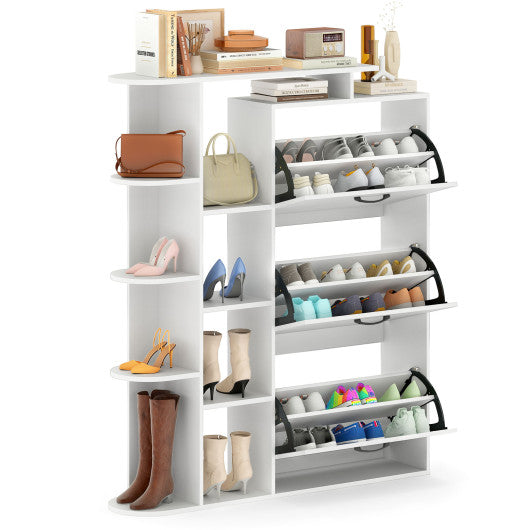 Shoe Cabinet with Open Shelves Modern Shoe Organizer with 3 Flip Drawers-White