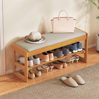 Shoe Rack Bench with Storage 2-Tier Rubberwood Entryway Bench with Flip-Open Storage-Beige