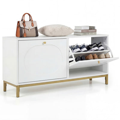 Shoe Storage Bench Narrow Entryway Bench with 2 Flip Drawers Adjustable Shelves-White
