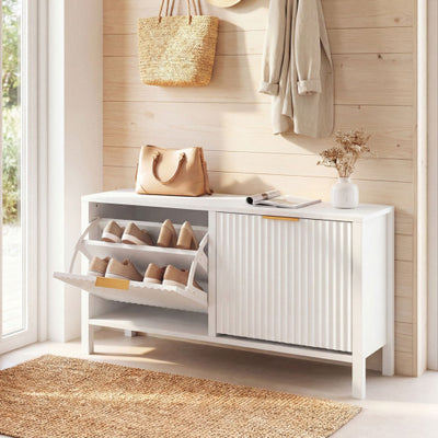 Shoe Storage Bench Narrow Wooden Entryway Bench with 2 Flip Drawers-White