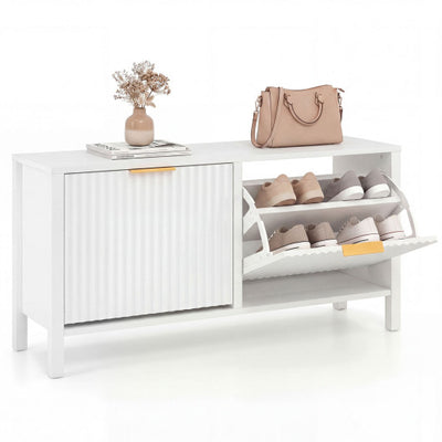 Shoe Storage Bench Narrow Wooden Entryway Bench with 2 Flip Drawers-White
