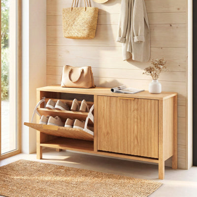 Shoe Storage Bench Narrow Wooden Entryway Bench with 2 Flip Drawers-Brown