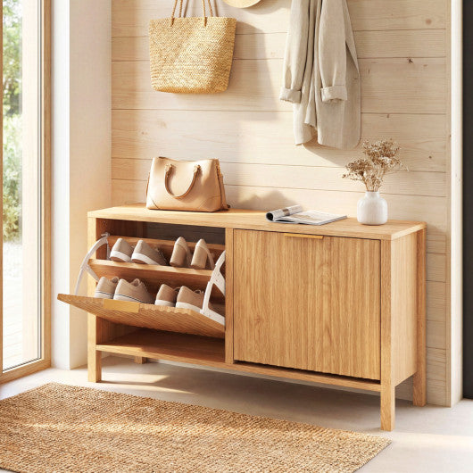 Shoe Storage Bench Narrow Wooden Entryway Bench with 2 Flip Drawers-Brown
