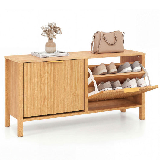 Shoe Storage Bench Narrow Wooden Entryway Bench with 2 Flip Drawers-Brown