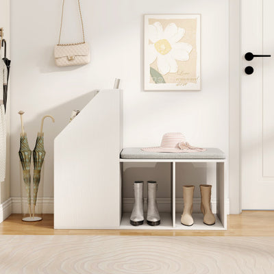 Shoe Storage Bench with Removable Seat Cushion and 6 Storage Compartments-White