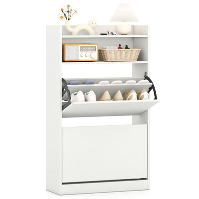 Shoe Storage Cabinet Hidden Shoe Rack with 2 Flip Drawers Adjustable and Removable Shelves-White