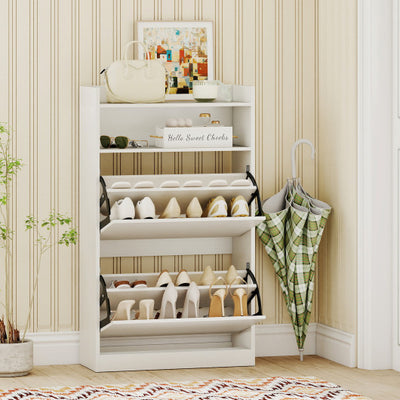 Shoe Storage Cabinet Hidden Shoe Rack with 2 Flip Drawers Adjustable and Removable Shelves-White