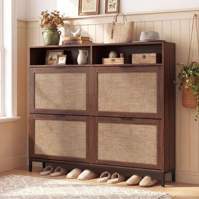 Shoe Storage Cabinet with 4 Flip Drawers Narrow Freestanding Shoe Organizer with Adjustable Shelves-Brown