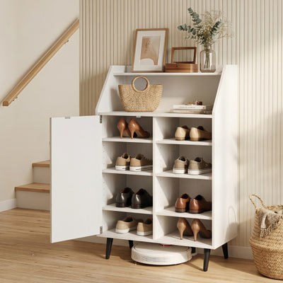 Shoe Storage Cabinet with 2-Tier Open Compartment and 4-Tier Adjustable Shelf-White