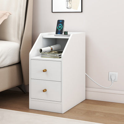 Side End Table with Charging Station Sofa Couch Table with Shelf Drawers-White