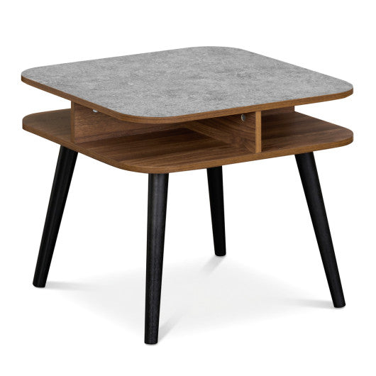 Side Table Faux Marble End Table with Storage Shelves and Rubber Wood Legs-Walnut