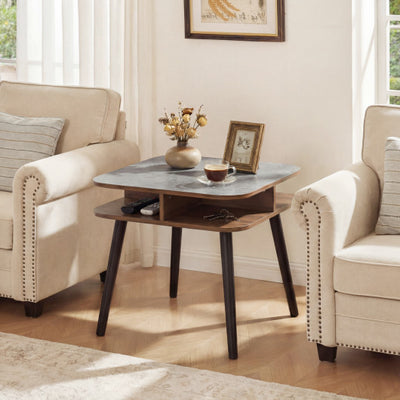 Side Table Faux Marble End Table with Storage Shelves and Rubber Wood Legs-Walnut