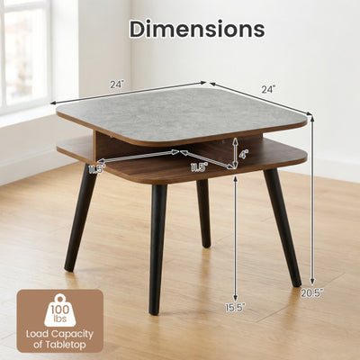 Side Table Faux Marble End Table with Storage Shelves and Rubber Wood Legs-Walnut