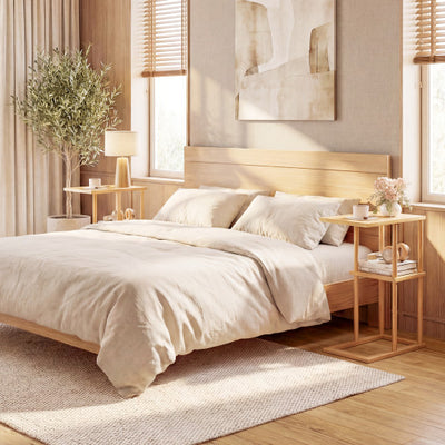 Side Table Set of 2 with Storage Shelves and Bamboo Construction-Natural
