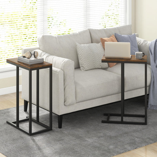 C-shaped Side Table with Heavy-duty Metal Frame-Rustic Brown
