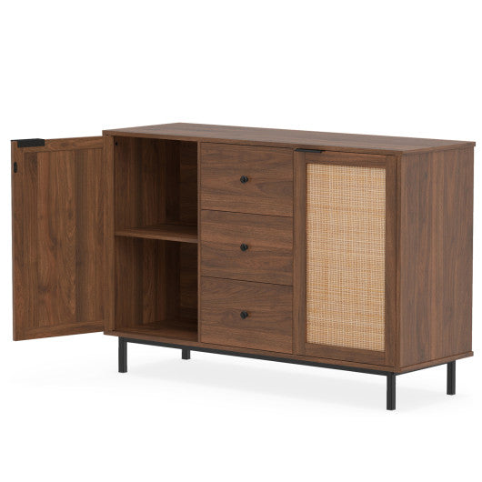 Sideboard Buffet Cabinet Rustic Farmhouse Coffee Bar Table with 2 Rattan Doors and 3 Drawers-Brown