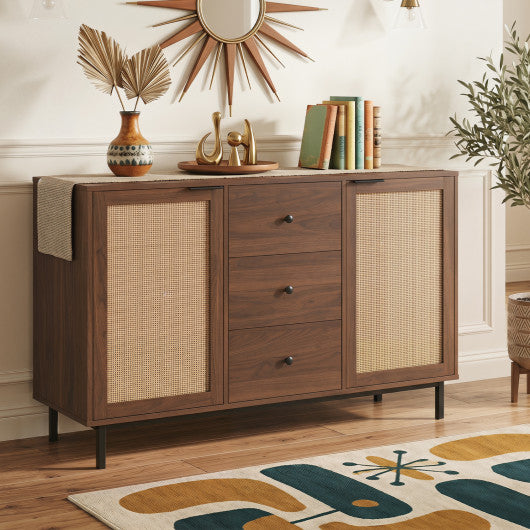 Sideboard Buffet Cabinet Rustic Farmhouse Coffee Bar Table with 2 Rattan Doors and 3 Drawers-Brown