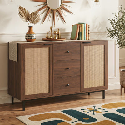 Sideboard Buffet Cabinet Rustic Farmhouse Coffee Bar Table with 2 Rattan Doors and 3 Drawers-Brown