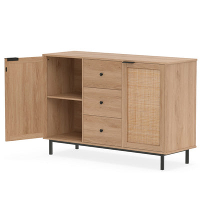 Sideboard Buffet Cabinet Rustic Farmhouse Coffee Bar Table with 2 Rattan Doors and 3 Drawers-Natural