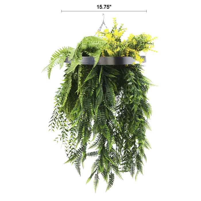 Artificial Hanging Plant Chandelier – Bright Tropical Foliage Circular Ring (15.75in) Silver Frame – UV Resistant