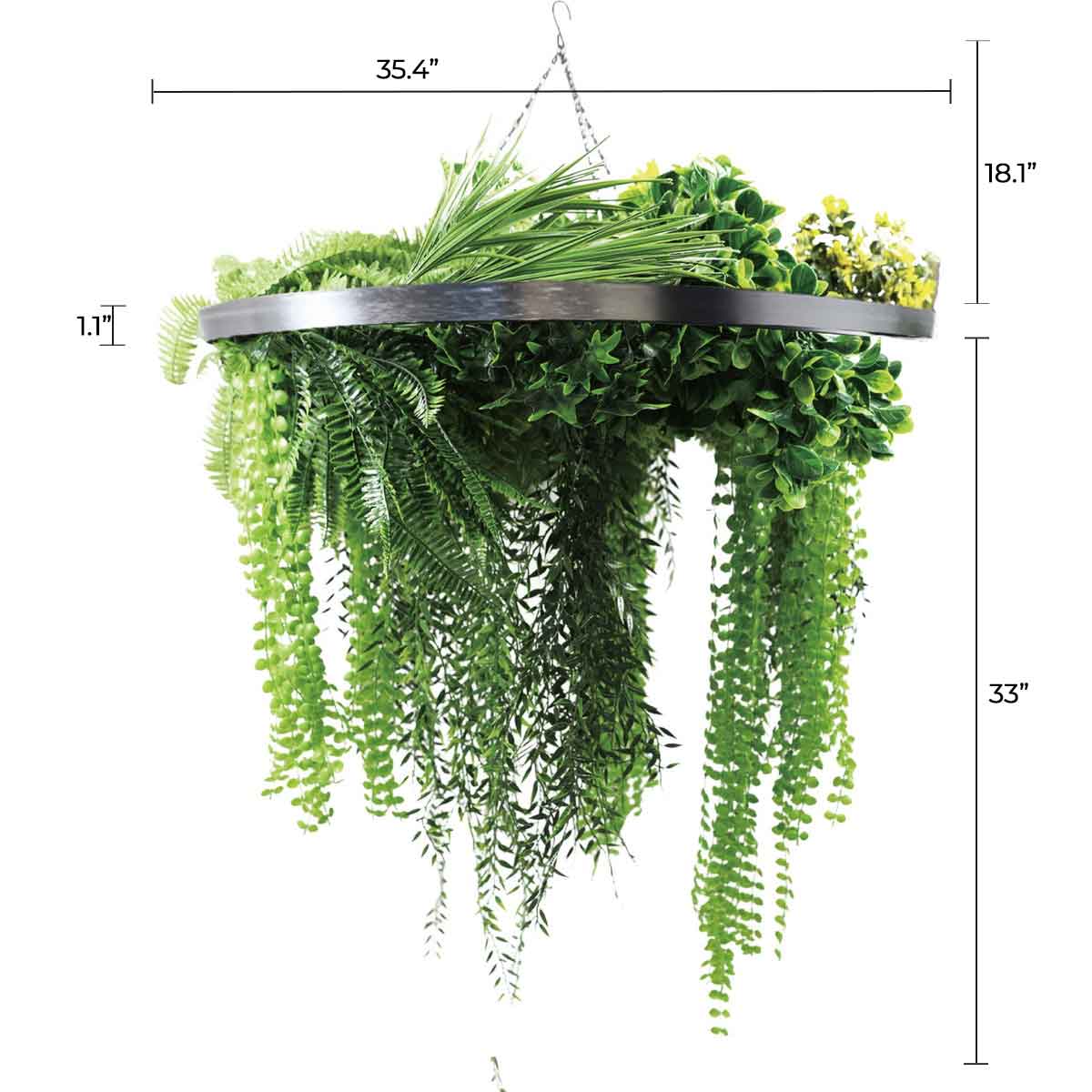 Artificial Hanging Plant Chandelier – Draping Fern Circular Ring (31.5in) Silver Frame – UV Resistant