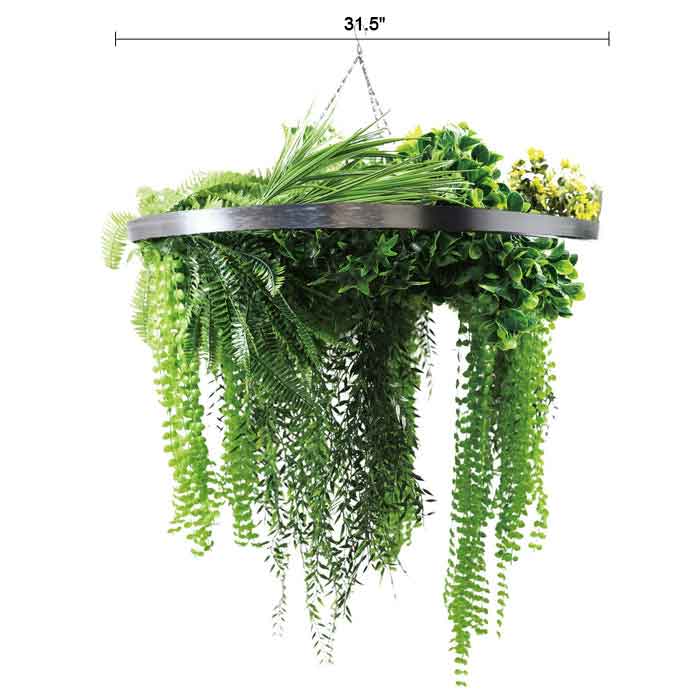 Artificial Hanging Plant Chandelier – Draping Fern Circular Ring (31.5in) Silver Frame – UV Resistant