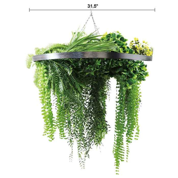 Artificial Hanging Plant Chandelier – Draping Fern Circular Ring (31.5in) Silver Frame – UV Resistant