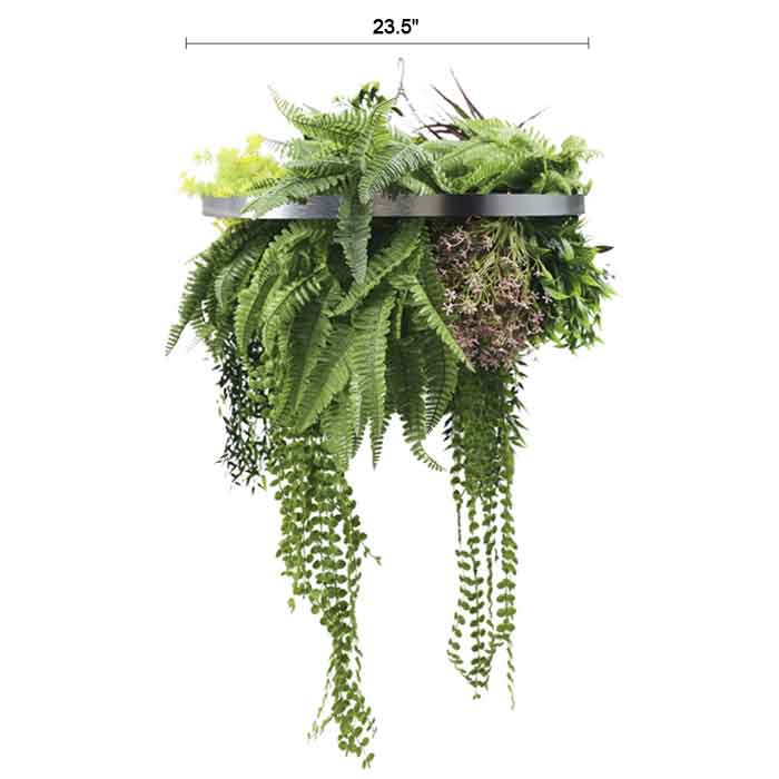 Artificial Hanging Plant Chandelier – Tropical Foliage Circular Ring (23.5in) Silver Frame – UV Resistant