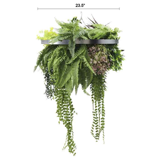 Artificial Hanging Plant Chandelier – Tropical Foliage Circular Ring (23.5in) Silver Frame – UV Resistant