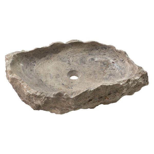Silver Travertine Rustic Natural Stone Vessel Sink Polished Interior Hand Chiseled Exterior (W)16