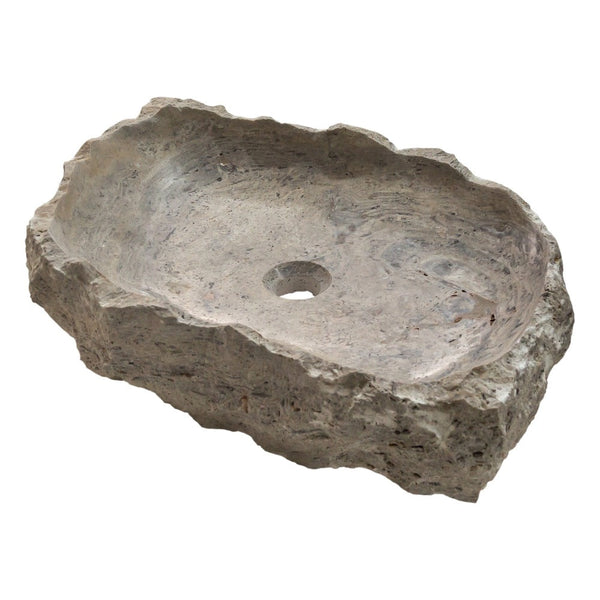 Silver Travertine Rustic Natural Stone Vessel Sink Polished Interior Hand Chiseled Exterior (W)16
