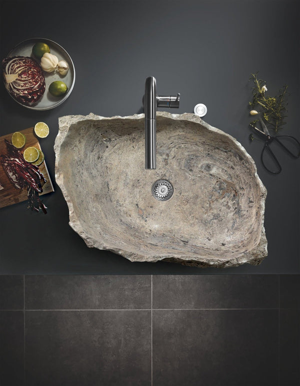 Silver Travertine Rustic Natural Stone Vessel Sink Polished Interior Hand Chiseled Exterior (W)16