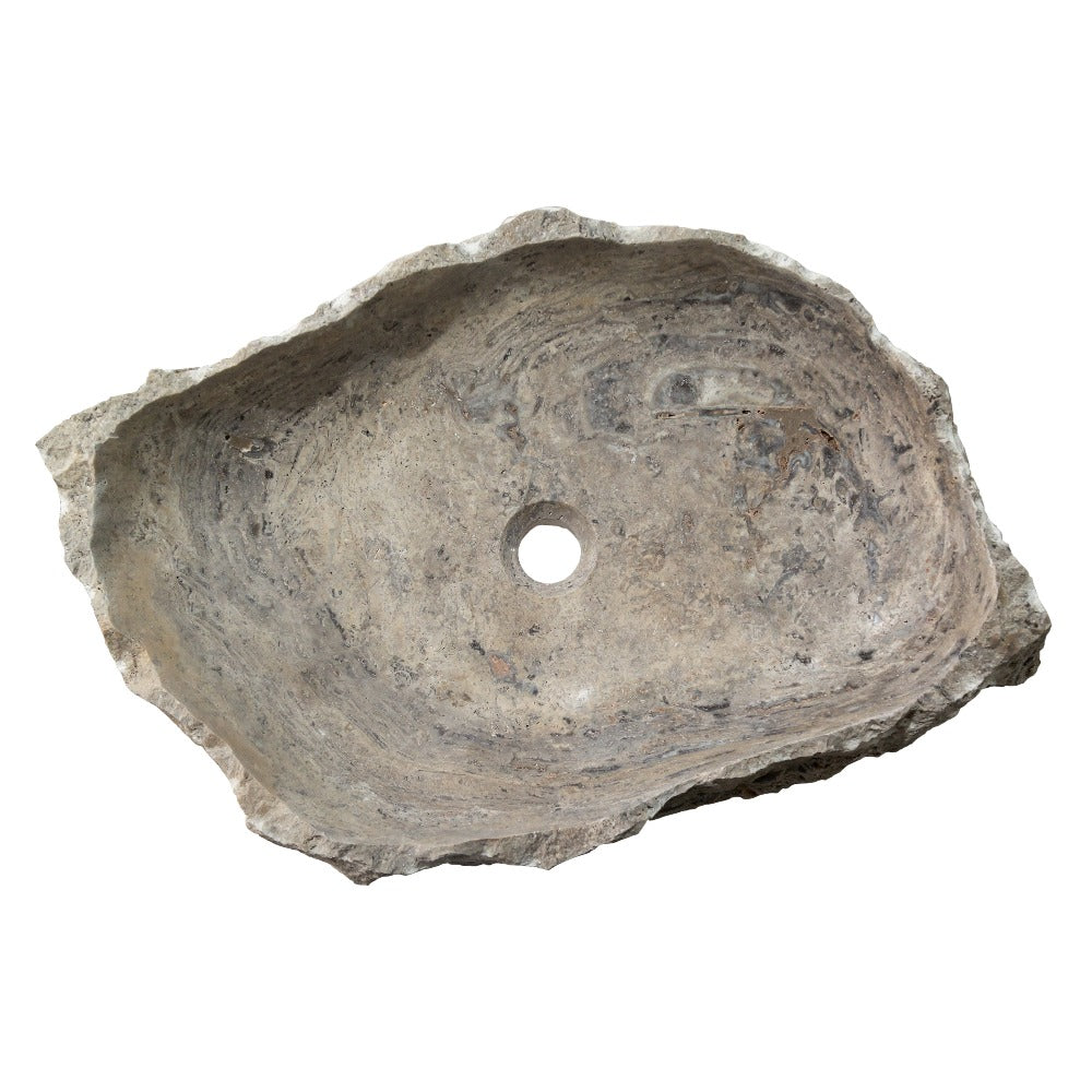 Silver Travertine Rustic Natural Stone Vessel Sink Polished Interior Hand Chiseled Exterior (W)16