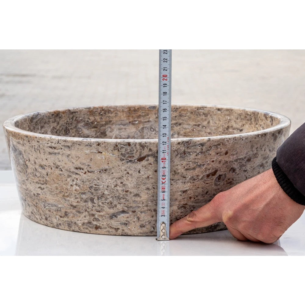 Silver Latte Travertine Natural Stone Vessel Sink Filled and Polished (D)16