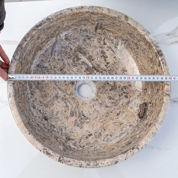 Silver Latte Travertine Natural Stone Vessel Sink Filled and Polished (D)16