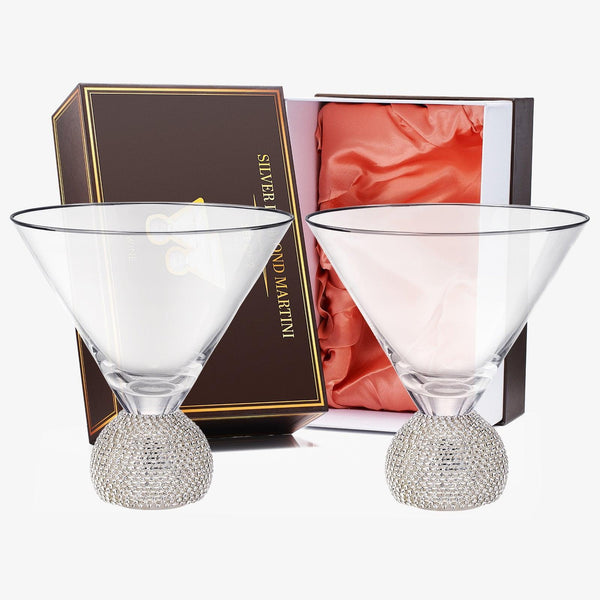 Diamond Studded Martini Glasses Set of 2 - The Wine Savant - Silver Rimmed Modern Cocktail Glass, Rhinestone Diamonds With Stemless Crystal Ball Base, Bar or Party 10.5oz, Swarovski Style Crystals