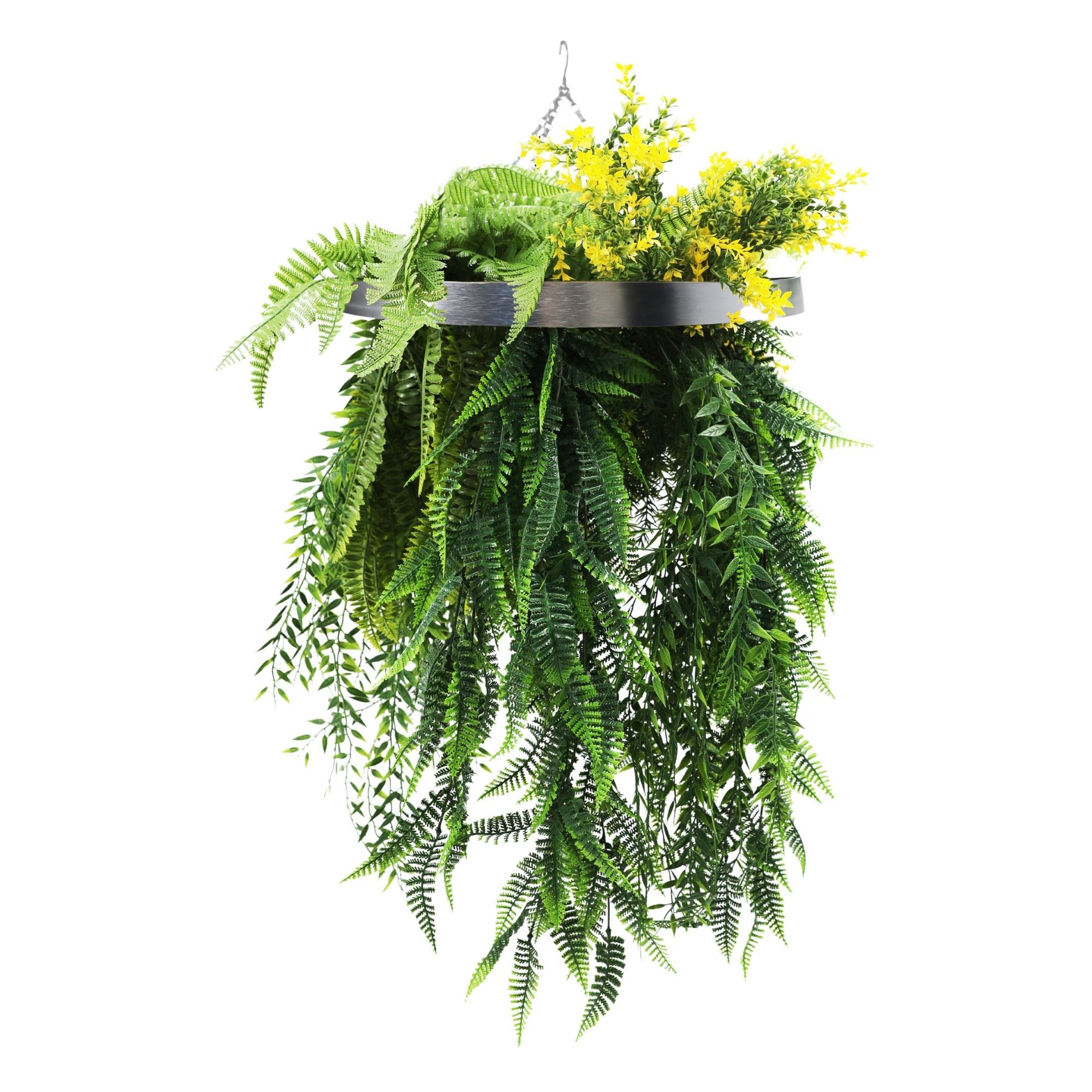 Artificial Hanging Plant Chandelier – Bright Tropical Foliage Circular Ring (15.75in) Silver Frame – UV Resistant