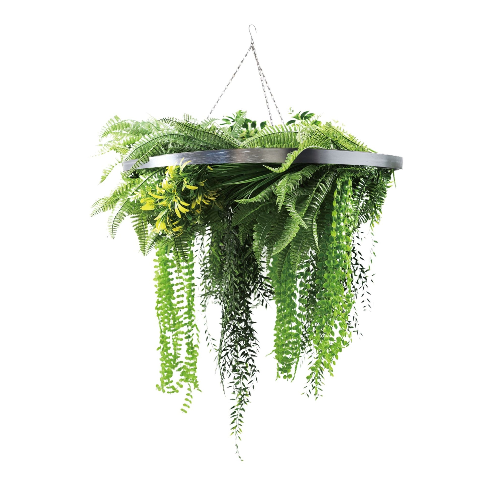 Artificial Hanging Plant Chandelier – Draping Fern Circular Ring (31.5in) Silver Frame – UV Resistant