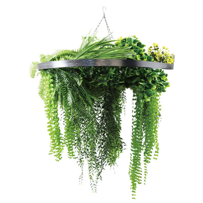 Artificial Hanging Plant Chandelier – Draping Fern Circular Ring (31.5in) Silver Frame – UV Resistant