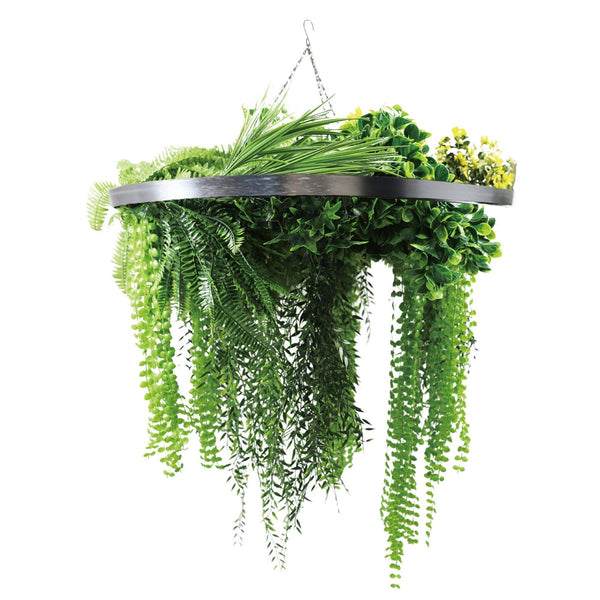 Artificial Hanging Plant Chandelier – Draping Fern Circular Ring (31.5in) Silver Frame – UV Resistant