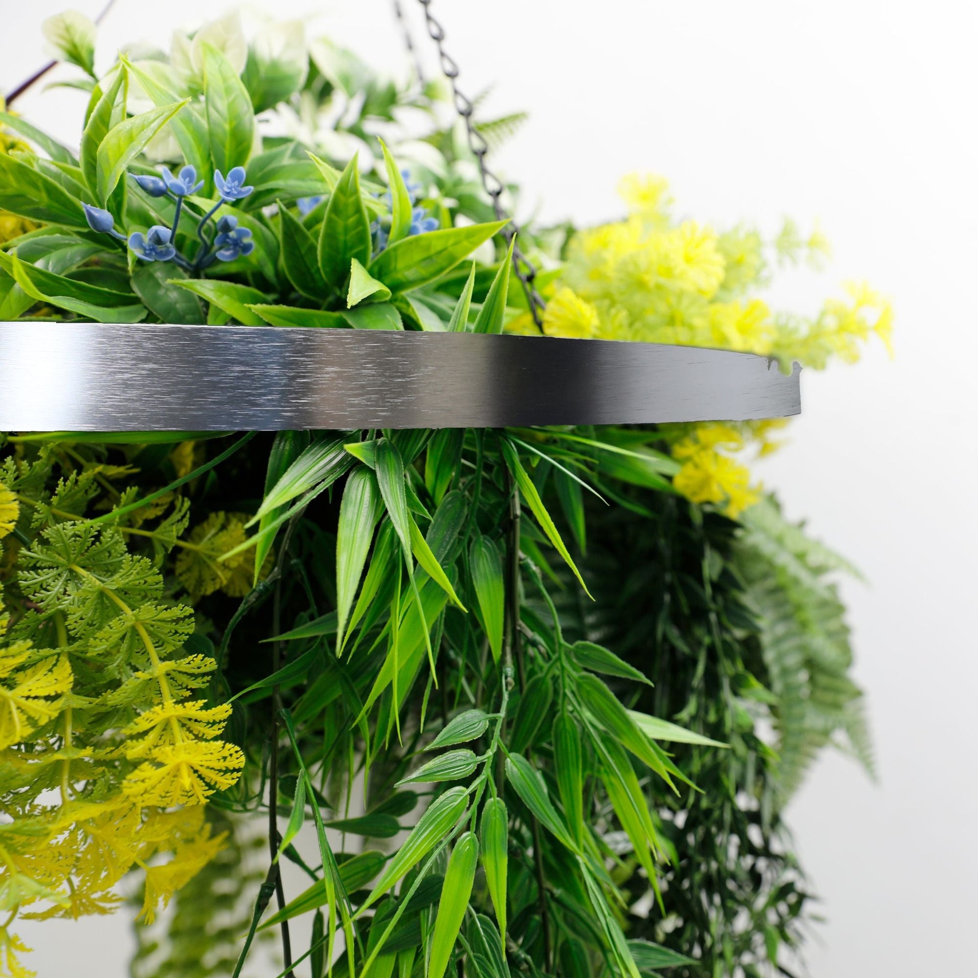 Artificial Hanging Plant Chandelier – Tropical Foliage Circular Ring (23.5in) Silver Frame – UV Resistant