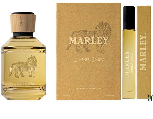 Marley Summer Down perfume set with bottle, box, and travel-sized version on a white background