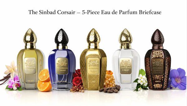 Five-piece Eau de Parfum Briefcase set with decorative elements on a white background. The Sinbad Corsair Portfolio: 5-Piece Eau de Parfum Briefcase