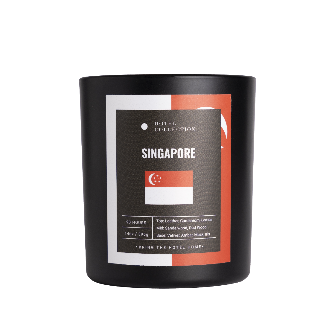 Black candle with Singapore-themed label on a white background