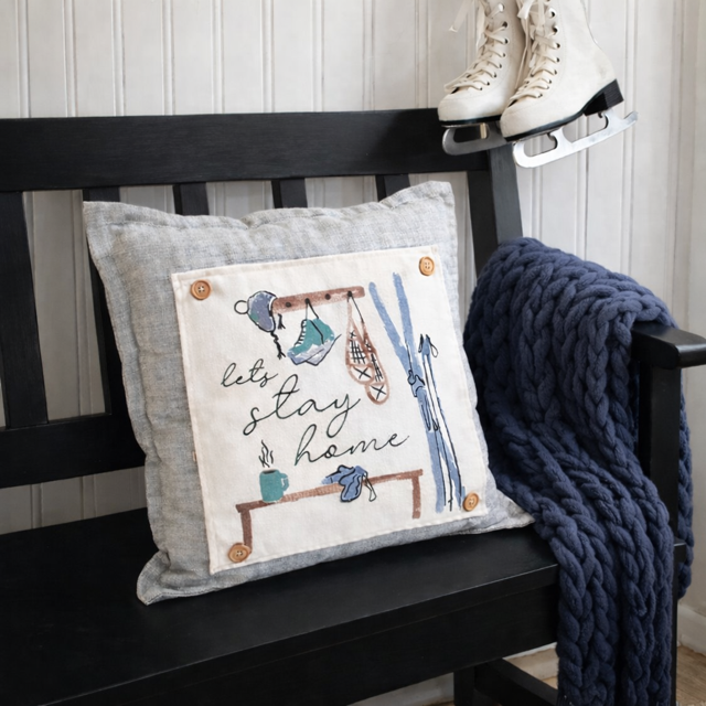 NEW! SQUARE BUNDLE SET: TICKING STRIPES PILLOW (comes with foam insert and these 3 panels in back pocket); throw pillow Winter : SKI BENCH, HEARTS, PRESSED FLOWERS