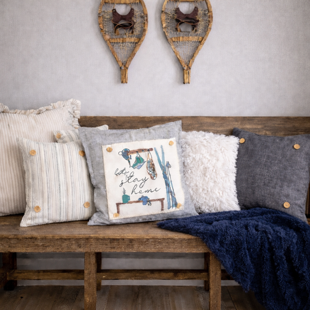 NEW! SQUARE BUNDLE SET: TICKING STRIPES PILLOW (comes with foam insert and these 3 panels in back pocket); throw pillow Winter : SKI BENCH, HEARTS, PRESSED FLOWERS