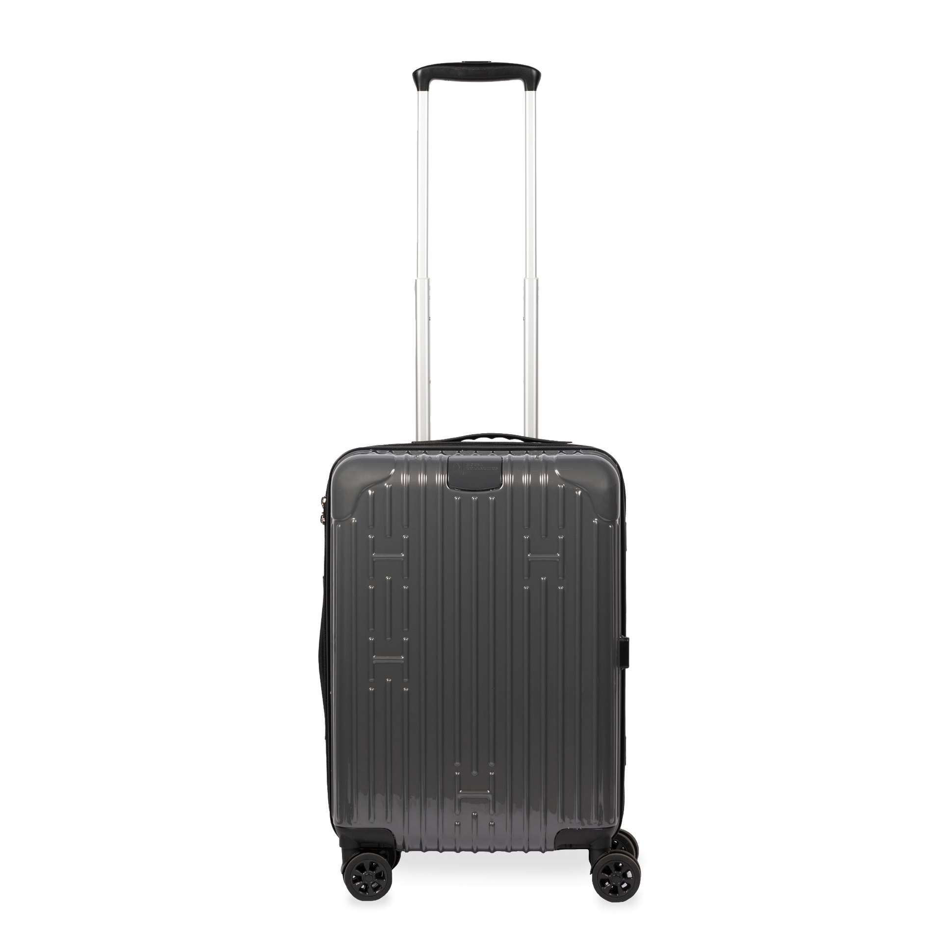 Black suitcase with wheels and handle on a white background