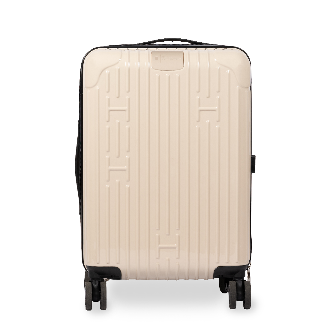 Beige suitcase with black wheels and handle on a white background