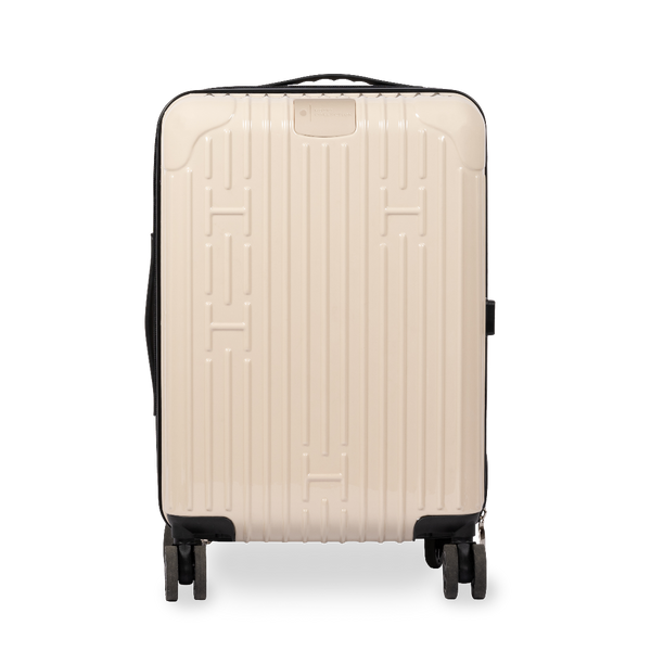 Beige suitcase with black wheels and handle on a white background